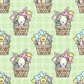 Medium Scale Baby Bunny and Yellow Chicks Easter Baskets on Spring Green