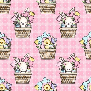 Large Scale Baby Bunny and Yellow Chicks Easter Baskets on Pink