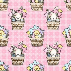 Medium Scale Baby Bunny and Yellow Chicks Easter Baskets on Pink