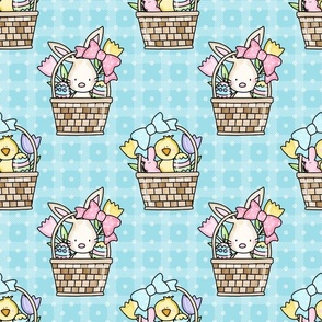 Large Scale Baby Bunny and Yellow Chicks Easter Baskets on Aqua Blue