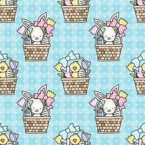 Medium Scale Baby Bunny and Yellow Chicks Easter Baskets on Aqua Blue
