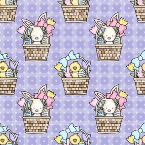 Large Scale Baby Bunny and Yellow Chicks Easter Baskets on Lavender