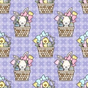 Medium Scale Baby Bunny and Yellow Chicks Easter Baskets on Lavender