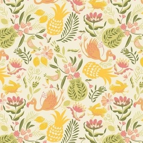Cheerful tropical summer with fruits and birds_yellow_small scale (ditsy) for sewing and Fill-A-Yard project.