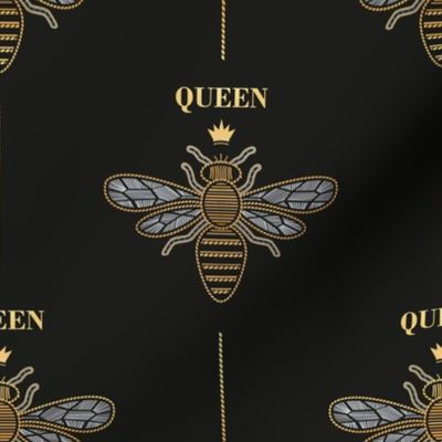 Small scale // Golden queen bee with lettering // black background ornamental extravagant gold cord embroidery passementerie style inspiration