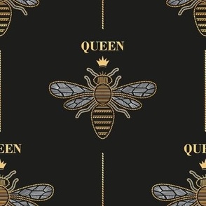 Small scale // Golden queen bee with lettering // black background ornamental extravagant gold cord embroidery passementerie style inspiration