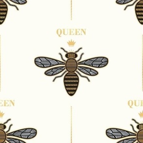 Small scale // Golden queen bee with lettering // natural white background ornamental extravagant gold cord embroidery passementerie style inspiration