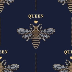 Small scale // Golden queen bee with lettering // navy blue background ornamental extravagant gold cord embroidery passementerie style inspiration