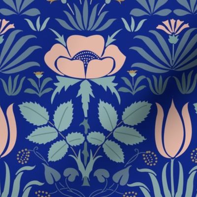 Voysey Rose with Tulips on Blue Arts and Crafts Art Nouveau Vintage