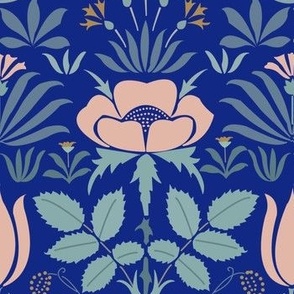 Voysey Rose with Tulips on Blue Arts and Crafts Art Nouveau Vintage