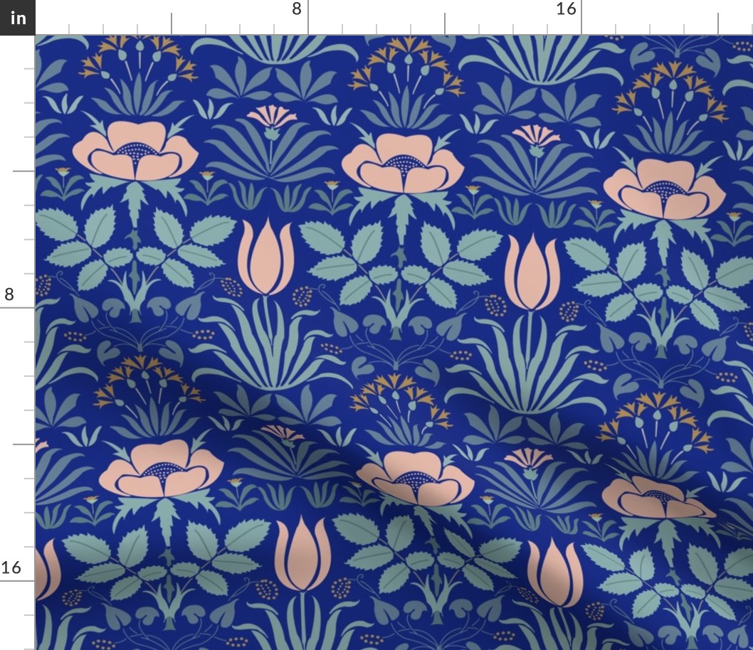 Voysey Rose with Tulips on Blue Arts and Crafts Art Nouveau Vintage