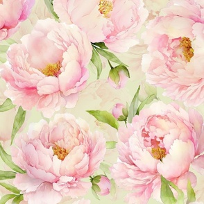 21" Watercolor Baby Girl Nursery Spring Flower Peonies Garden - blush, pink peach on light green double layer