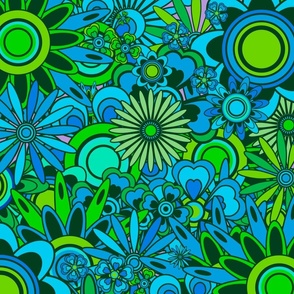 70s Flowers - Green & Blue - Large