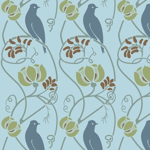 Voysey Bird Bird on Branch with Blue Background Arts and Crafts Art Nouveau