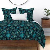 Elegant And Fancy Fantasy Flower Pattern In Turquoise And Gold Smaller Scale