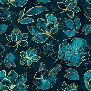 Elegant And Fancy Fantasy Flower Pattern In Turquoise And Gold Smaller Scale