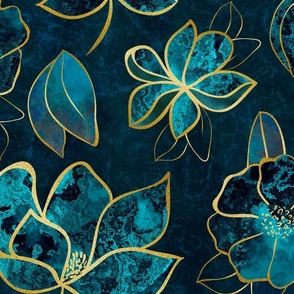 Elegant And Fancy Fantasy Flower Pattern In Turquoise And Gold 