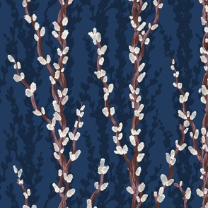 Pussy willows / catkins on navy blue / midnight