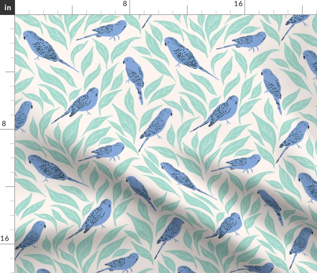 Parakeets and Foliage in Green and Blue - Large