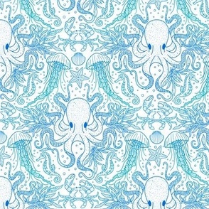 Ocean Discoveries Damask - Gradient Blue Teal Lines - Octopus, Jellyfish, Crab, Seahorse, Seaweed, Starfish Medium Scale by Angel Gerardo