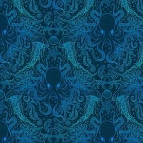 Ocean Discoveries Damask - Gradient Bioluminescence Blue Teal Lines - Octopus, Jellyfish, Crab, Seahorse, Seaweed, Starfish Medium Scale by Angel Gerardo