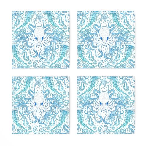 Ocean Discoveries Damask - Gradient Blue Teal Lines - Octopus, Jellyfish, Crab, Seahorse, Seaweed, Starfish by Angel Gerardo