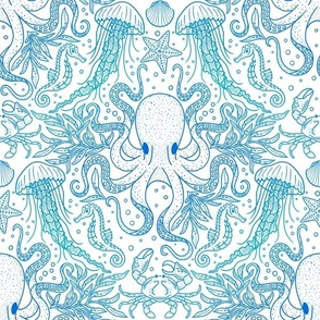 Ocean Discoveries Damask - Gradient Blue Teal Lines - Octopus, Jellyfish, Crab, Seahorse, Seaweed, Starfish by Angel Gerardo