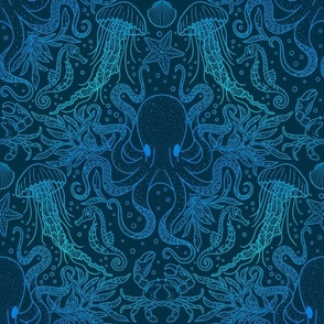 Ocean Discoveries Damask - Gradient Bioluminescence Blue Teal Lines - Octopus, Jellyfish, Crab, Seahorse, Seaweed, Starfish by Angel Gerardo