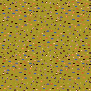 Geometric Shapes Triangles Half Circles Multi Color Rainbow Design on Olive Green 