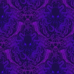 Ocean Discoveries Damask - Neon Gradient Bioluminescence Lines - Octopus, Jellyfish, Crab, Seahorse, Seaweed, Starfish Medium Scale by Angel Gerardo