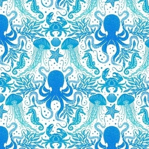 Ocean Discoveries Damask - Blue Teal Turquoise Gradient - Octopus, Jellyfish, Crab, Seahorse, Seaweed, Starfish Medium Scale by Angel Gerardo