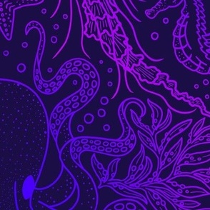 Ocean Discoveries Damask - Neon Gradient Bioluminescence Lines - Octopus, Jellyfish, Crab, Seahorse, Seaweed, Starfish Large Scale by Angel Gerardo