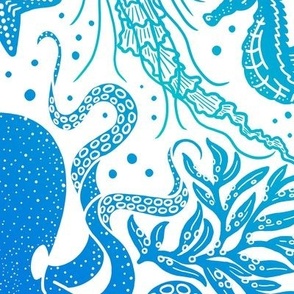 Ocean Discoveries Damask - Blue Teal Turquoise Gradient - Octopus, Jellyfish, Crab, Seahorse, Seaweed, Starfish Large Scale by Angel Gerardo