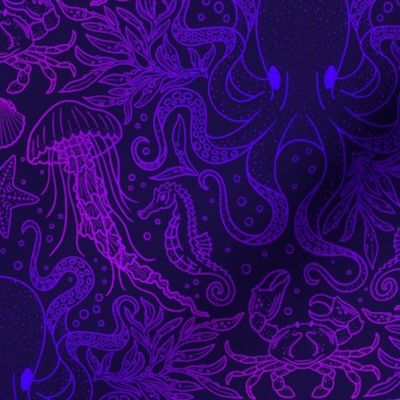 Ocean Discoveries Damask - Neon Gradient Bioluminescence Lines - Octopus, Jellyfish, Crab, Seahorse, Seaweed, Starfish by Angel Gerardo