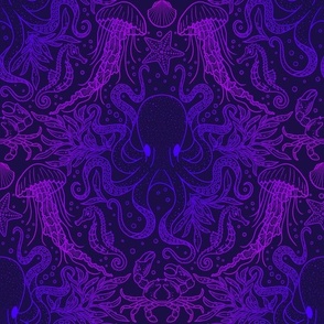 Ocean Discoveries Damask - Neon Gradient Bioluminescence Lines - Octopus, Jellyfish, Crab, Seahorse, Seaweed, Starfish by Angel Gerardo