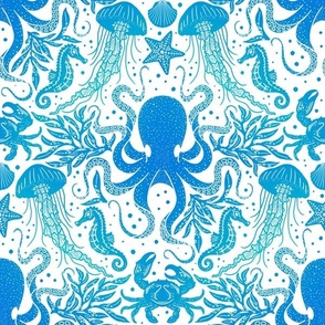 Ocean Discoveries Damask - Blue Teal Turquoise Gradient - Octopus, Jellyfish, Crab, Seahorse, Seaweed, Starfish by Angel Gerardo