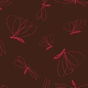 (L) 11 x 8.5 Hand drawn flying doodle bugs, viva magenta on dark oak brown