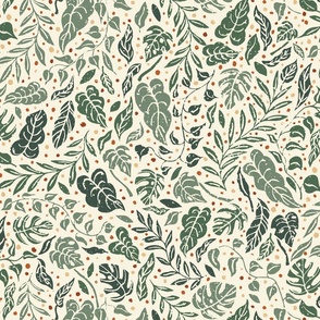 Woodblock Style Scattered Houseplant Leaves - Large Scale
