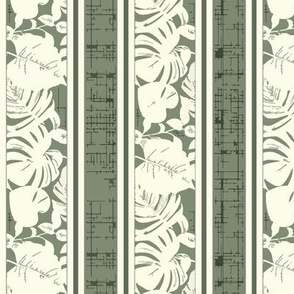 Tropical Leaves and Linen Stripes in Ivory and Muted Green