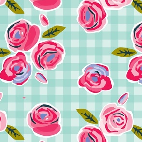 Roses on gingham green