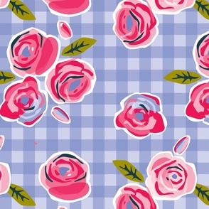 Roses on gingham blue