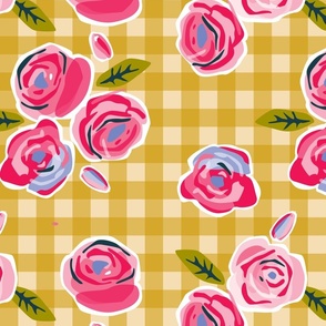 Roses on gingham gold