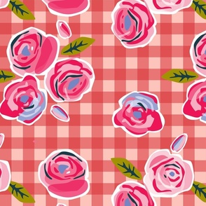 Roses on gingham red