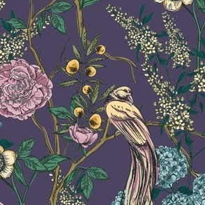 Victorian Golden Pheasant Garden on Royal Purple - Coordinate - Medium Scale