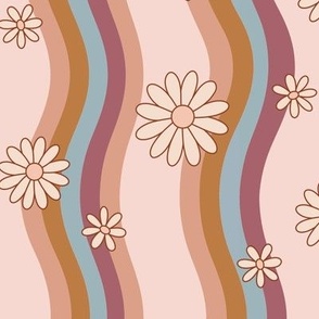 Ivory Daisies on Wavy Stripes, Retro