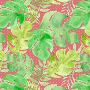Jungle Leaves on pink with yellow dots small