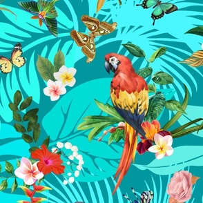 Tropical Paradise Birds & Flowers on Teal