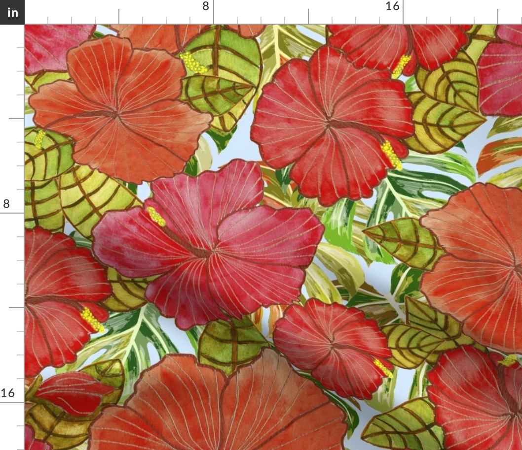 Tropical Hawaiian Rainforest Hibiscus Floral Watercolor 