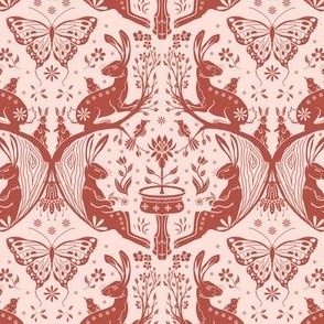 Happy Rabbit Day - blush pink on brown Damask