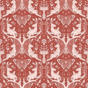 Happy Rabbit Day - pink on brown damask